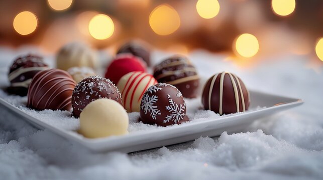 Indulge in luxurious assorted chocolates artfully arranged on a snowy platter, perfect for festive holiday celebrations and gourmet gifting.