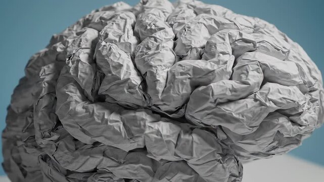 A crumpled paper brain model sits atop a table against a calming blue background, perfectly capturing the concept of innovative thinking and problem solving where idea generation is a messy yet.