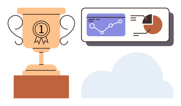 Trophy with ribbon on pedestal, analytics dashboard with graph and pie chart, and cloud shape. Ideal for achievement, analytics, competition, business growth, goal setting, teamwork motivation