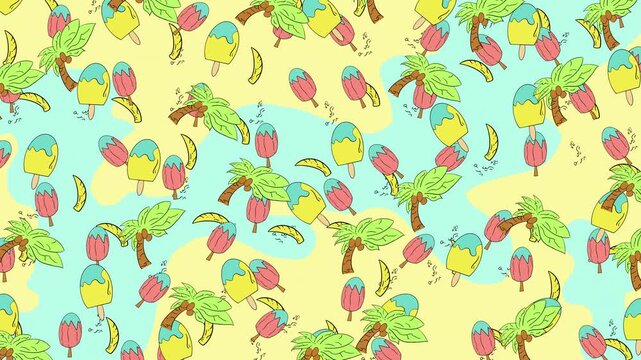 Summer tropical seamless pattern with ice cream and palm trees