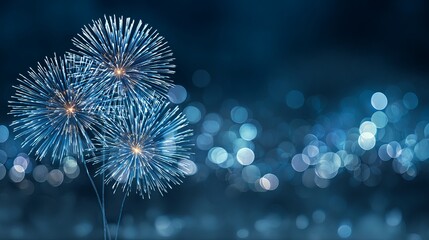 Stunning blue fireworks explode against a dark night sky creating a vibrant, celebratory atmosphere with bokeh lights in the background for New Year's Eve celebrations.