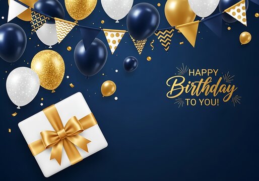 Happy birthday celebration with balloons gift box and bunting flags on a dark blue background isolated on white background