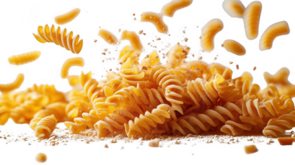 Flying falling fusilli pasta isolated on transparent or white background