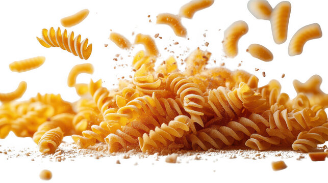 Flying falling fusilli pasta isolated on transparent or white background
