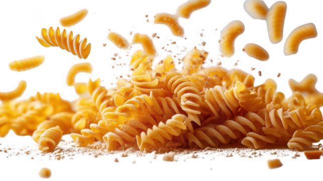 Flying falling fusilli pasta isolated on transparent or white background