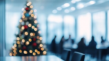 Festive holiday cheer fills modern office space with blurred figures celebrating seasonal joy and team bonding around a glowing Christmas tree