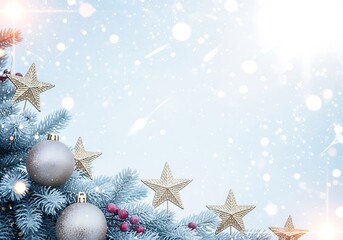Close up of a frosted blue christmas tree branch with silver ornaments and golden stars falling snow isolated on white background