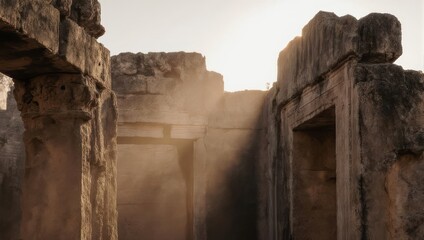 Sunlit ancient stone ruins with doorways and archways, a warm, dusty atmosphere