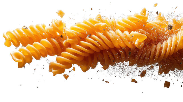 Flying falling fusilli pasta isolated on transparent or white background