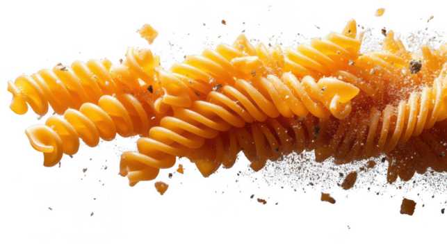 Flying falling fusilli pasta isolated on transparent or white background