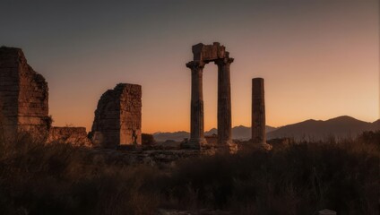 Ancient ruins of columns silhouetted against a vibrant sunset. Overgrown with brush