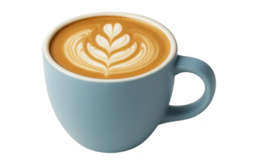 Blue mug with latte art coffee transparent background