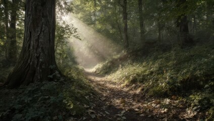 Sunlight streams through a forest path, illuminating leaves and trees, creating a magical ambiance