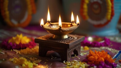 A brass lamp with flames on a wooden stand, surrounded by flower garlands and a vibrant cloth