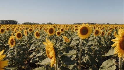 Vast field of vibrant sunflowers basking in golden sunlight under a clear blue sky