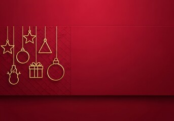 Elegant golden christmas ornaments in various festive shapes hanging on a deep red background isolated on white background