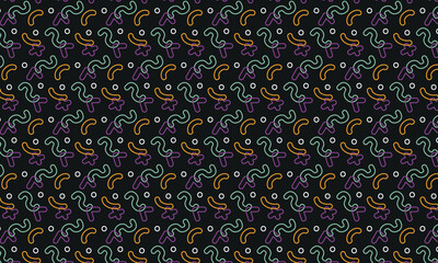 Line geometric math symbols pattern on black background. Bright funny vector seamless ornament for textile, party, fabric, interior, ceramic, wallpaper, paper decoration