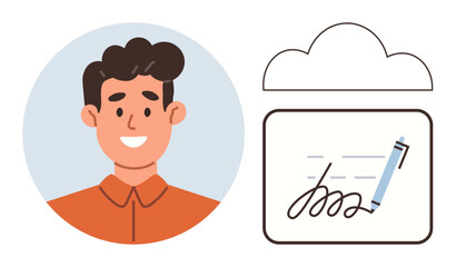 Smiling man portrait next to digital signature and cloud icon. Ideal for identity, technology, e-signature, online agreement, remote work, cloud-based storage, simple flat metaphor