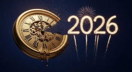 Golden vintage clock face transitions to glowing 2026 numbers with fireworks sparkle