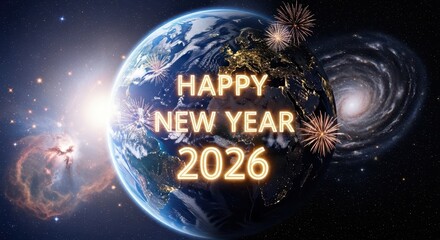 Celebrate the dawn of 2026 with a spectacular earth and galaxy fireworks display