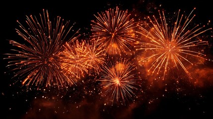 Explosive bright orange fireworks burst across the dark night sky creating a dazzling celebratory spectacle of light and wonder