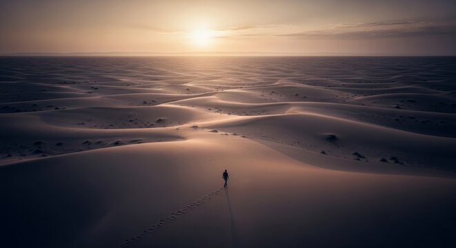 Silhouette of a person walking across vast sculpted desert sand dunes at sunset, leaving footprints in the sand.