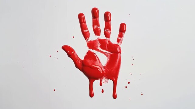 Red Handprint Imprint with Dripping Paint on White Background image photo