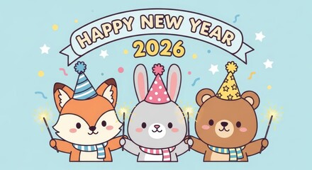 Cute cartoon animals celebrating the new year with sparklers and party hats in 2026