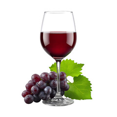 Fototapeta premium Red Wine Glass With Fresh Grapes and Green Leaves on a White Background