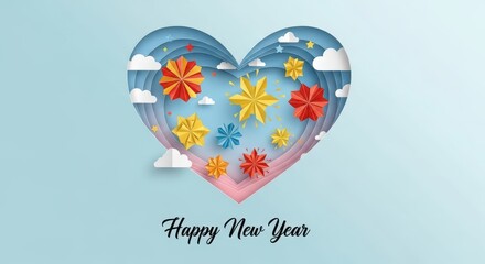 Heart shaped paper cut art with colorful flowers and clouds celebrating the new year