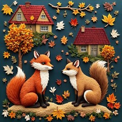 Fototapeta premium An autumn-themed embroidery with a fox, squirrel, trees, autumn leaves and small houses.