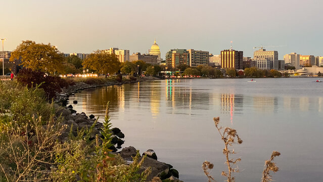 Madison Capitol Building and Skyline Over Lake Monona at Sunset
