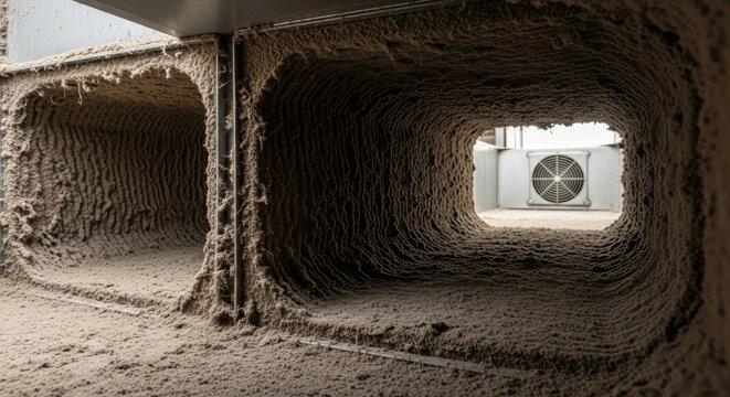 View inside extremely dirty hvac ductwork heavily clogged with lint and thick dust leading to an outdoor air conditioning unit.
