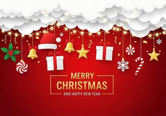 Festive merry christmas and happy new year greeting with traditional holiday decorations hanging on a red background isolated on white background