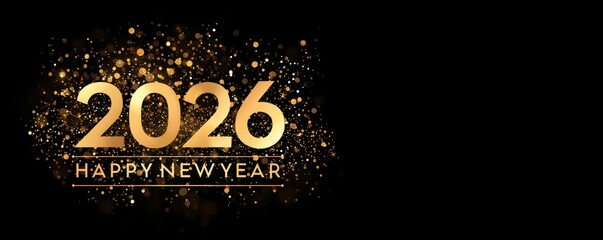 Text Happy New Year 2026 in rich golden tones with glowing particles, floating over black space, creating refined festive atmosphere of warmth, brightness, and joyful celebration.
