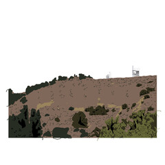 an Illustration of a dirt hill with bushes background