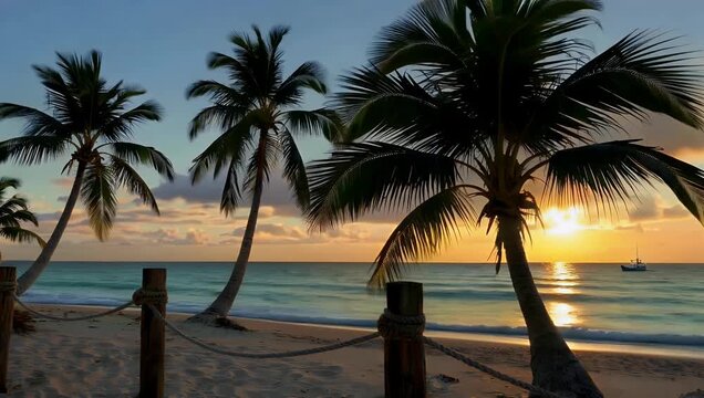 Captivating 4K tropical sunset footage featuring number 2026 overlayed scenic beach palm trees calm ocean waves symbolizing travel vacation new beginnings paradise