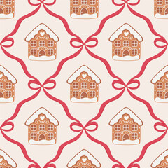 Seamless pattern with gingerbread houses and red bows on beige background