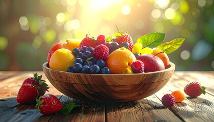 A vibrant assortment of fresh berries and fruits in a wood bowl on a rustic table