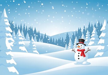 A cheerful snowman wearing a black top hat and red scarf stands in a snowy winter forest landscape with falling snowflakes isolated on white background