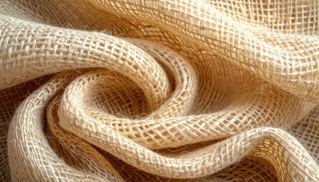 Close-up of a swirled, coarse, natural-colored woven fabric with an open weave - Powered by Adobe
