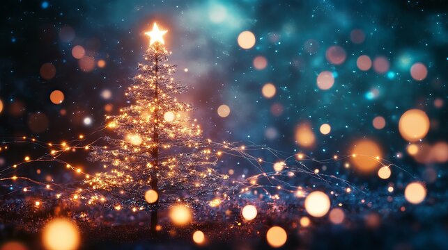 Magical glowing Christmas tree adorned with twinkling fairy lights and a radiant star, set against a bokeh-filled, starry night sky creating an enchanting holiday atmosphere.