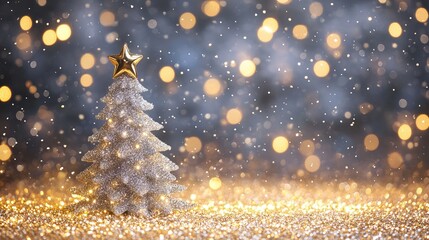 Sparkling Christmas tree adorned with a golden star shimmers amidst magical bokeh lights and falling snow, evoking festive joy and holiday cheer.