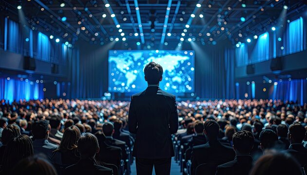 Man in suit overlooks crowded conference hall with a world map on stage