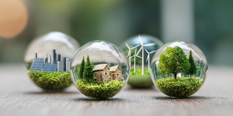 Four glass balls with different designs, one of which has a house and a tree