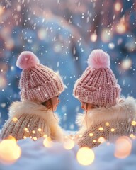 Two cute sisters, adorned in matching pink knit hats, share a moment together in a snowy setting filled with soft light and twinkling festive elements around them.