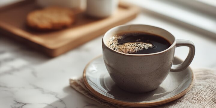 Coffee cup with a white saucer sits on a table