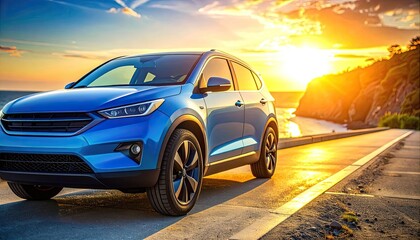 Blue SUV on a coastal road during a brilliant golden hour sunset