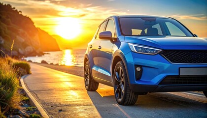 Blue SUV on a scenic coastal road with a golden sunset over the ocean