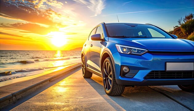 Blue SUV on a coastal road overlooking the ocean during a vibrant sunset